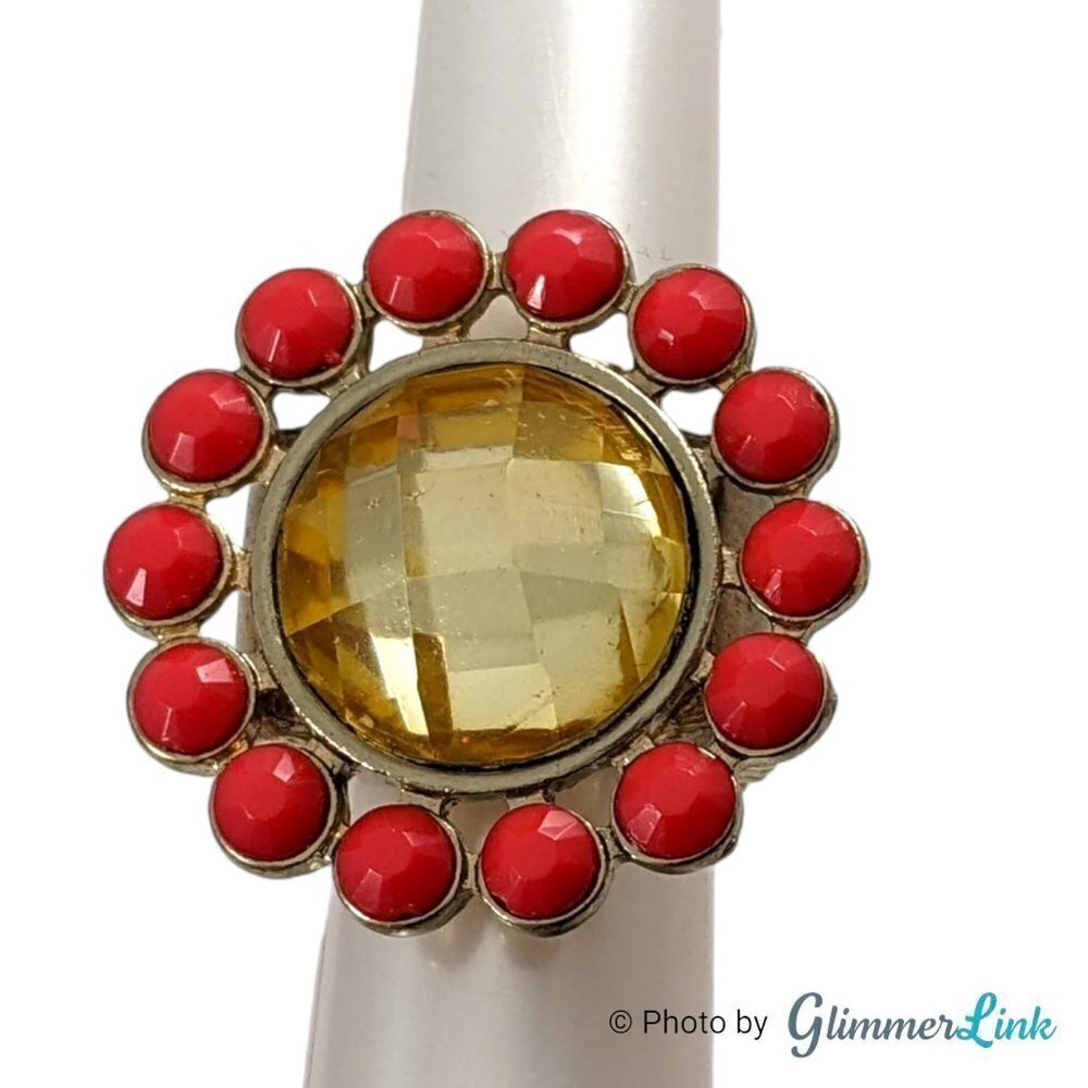 Floral Yellow & Red Rhinestone Gold Tone Stretch Statement Ring